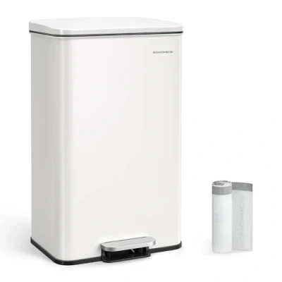 Abbildung von SONGMICS Mülleimer Küche, 40 Liter Abfalleimer, großer Tretmülleimer, mit Deckel, aus Stahl, Softclose, inklusive 15 Müllbeutel, weiß LTB540W4002