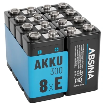 Abbildung von ABSINA 8X 9V Akku Block wiederaufladbar 300 mit geringer Selbstentladung Blockbatterie NiMH min. 270mAh &amp; 8,4V E Batterie, wiederaufladbar, Batterie