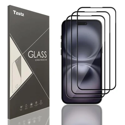 Abbildung von Tzstz Displayschutzfolie aus Hartglas für iPhone 16 Plus, Härtegrad 9H, kratzfest, HD, 3 Stück