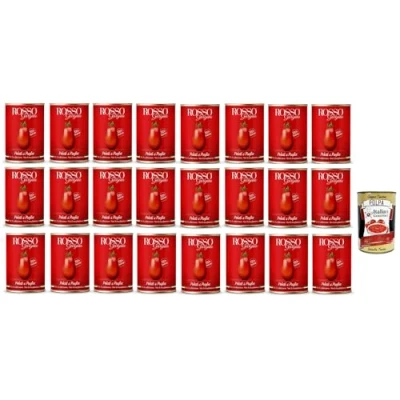 Abbildung von 24x Rosso Gargano Geschälte Tomaten aus Apulien Italienisches dose mit 400 Gramm + Italian Gourmet polpa 400g
