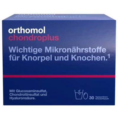 Abbildung von Orthomol chondroplus Nährstoffe für Knorpel und Knochen mit Glucosamin, Chondroitinsulfat Hyaluronsäure Granulat/Kapseln, 30 St. Tagesportionen