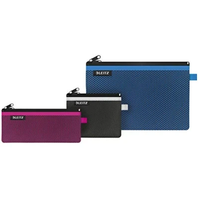 Abbildung von Leitz 3 er Set WOW Mäppchen mit 2 Fächern, Ideal zur Organisation, Leichtläufiger Reißverschluss, Abwaschbares Nylonmaterial, Größe S (schwarz), M (pink) und L (blau), 40150099
