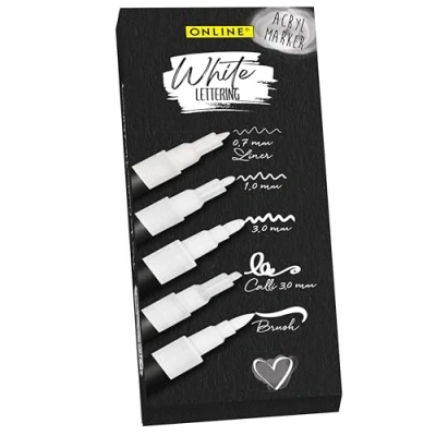 Abbildung von Online Pen Fineliner White Lettering, (5x weiße Acryl Stifte, deckend, Handlettering Stifte mit verschiedenen Spitzen), Fineliner, Brushpen, Kalligrafie Stift