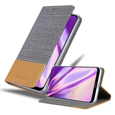 Abbildung von Cadorabo Hülle kompatibel mit Nokia 3,4 aus Premium Jeans und Kunst Leder Flip Klappbare Stoßfeste Magnetische [Standfunktion] [Kartenfächern] Cover für Tasche in Grau