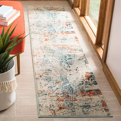 Abbildung von SAFAVIEH Zeitgenössische Teppich für Wohnzimmer, Esszimmer, Schlafzimmer Madison Collection, Kurzer Flor, Creme und Orange, 61 X 244 cm