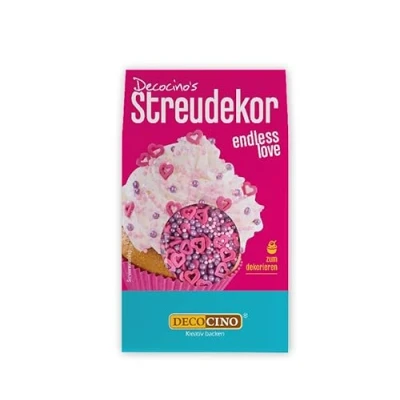 Abbildung von DECOCINO Streudekor Endless Love 40g Tolle Streusel in den Farben rosa, pink und lila, mit kleine Herzen, Ideal für Torten, Muffins oder Kuchen, perfekt jede Party, Valentinstag, Muttertag