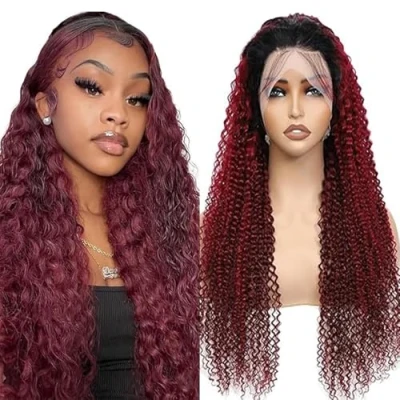 Abbildung von Lakaisa Kinky Curly Wig Front Lace Human Hair Perücke Echthaar Damen Glueless Wear and Go Burgundy Tow Tone Color 13X1 HD 180% Density No Smell Tangle 24 Zoll