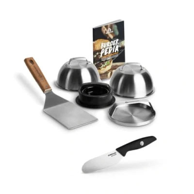 Abbildung von BURNHARD Burger Set 7 TLG. inkl. Bun Messer Burgerpresse, Wender, Smasher, 2 Melting Domes aus Edelstahl und Rezeptheft