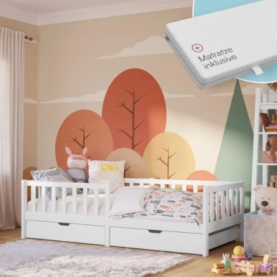 Abbildung von Bellabino Vere Kinderbett 90x200 cm Montessori Bett mit Matratze, Rausfallschutz, Lattenrost &amp; 2 Schubladen Massives Kinder für Jungen Mädchen aus Kiefer Kleinkindbett weiß Stauraum
