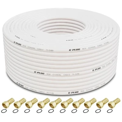 Abbildung von G PLUG 50 m Koaxialkabel für TV RG6 Antennenkabel, Kabel satelliten TV, Verlängerung Sat F Stecker HDTV, Radio, Full HD, mit 10 Kompressionsstecker, Weiß