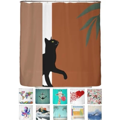 Abbildung von arteneur® Boho Katze Anti Schimmel Duschvorhang 180x200 Öko Tex Standard 100 Beschwerter Saum, Blickdicht, Wasserdicht, Waschbar, 12 Ringe