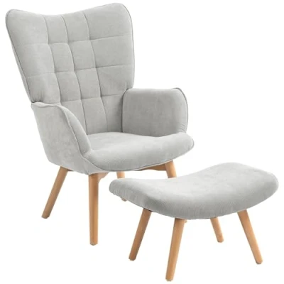 Abbildung von HOMCOM Ohrensessel mit Hocker, Relaxsessel, Polstersessel in Cord Optik, Loungesessel, Armlehnstuhl Holzbeine, Fernsehsessel für Wohnzimmer, Grau