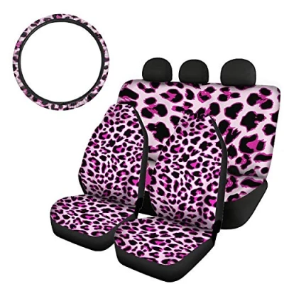 Abbildung von SEANATIVE Fashion Leopard Skin Print Stretch Auto Vordersitzbezüge mit Rücksitzbankbezug, Lenkradbezug, 4 Packungen Set für Damen, Pink
