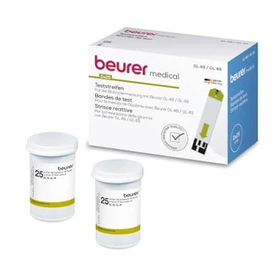 Abbildung von Beurer Blutzucker Teststreifen zur Verwendung mit GL 48 und 49, 50 Stück (2 x 25er Dose), Eigenanwendung geeignet, geprüfte Qualität