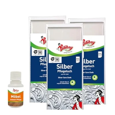 Abbildung von poliboy 99A4401, Silber Pflege 3er Set mit Möbel Probe Pflegetuch (37x28 cm, Spezialpoliertuch zur und Reinigung Made in Germany)