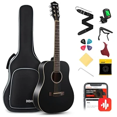 Abbildung von Donner Gitarre Akustik 3/4 für Anfänger Einsteiger Akustikgitarre Set Gitarren Erwachsene 36 Zoll Dreadnought mit 6 Tasche Capo Plektren Gurt(Schwarz)