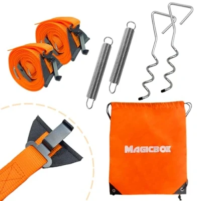 Abbildung von Magicbox Sturmband Markise Set für Thule&amp;Fiamma, Sturmsicherung Komplett mit 2 Spiralnagel, Federn, Spanngurten+Tasche, Wetterfestes Wohnmobil Zubehör zur Stabilisierung von