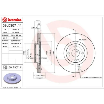 Abbildung von BREMBO 09.D307.11 Bremsscheibe 280 22 4 innenbelüftet beschichtet MAZDA: MX 5 IV, IV RF Targa, ABARTH: 124 Spider, FIAT: Spider
