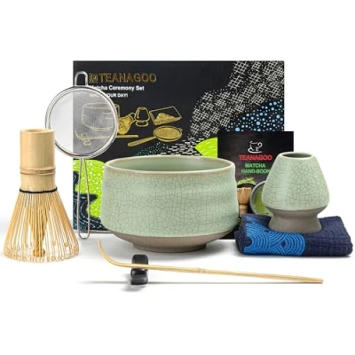 Abbildung von TEANAGOO Matcha Set BesenMatcha Tea Schale Whisk,Schaufel, Sieb, Besenhalter, Besenständer 7 Stück MatchaTee Sets,N6, Lt.grün mit Schwarzer Naht