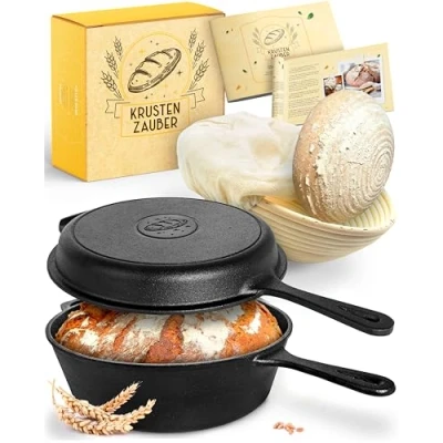 Abbildung von Krustenzauber Brotbackform 26cm Gusseisen Topf Brot Backen inkl. Gärkorb, (Robuster Brottopf mit Deckel Idealer Brotbacktopf), Brotbackset Gusseisentopf Brotbacken, Zubehör, Brotform