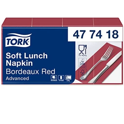 Abbildung von Tork 477418 Soft Lunchservietten Bordeauxrot 1/8 Falz / 3 lagige, vorgefaltete Servietten für kleine Gerichte und Snacks Advanced Qualität 10 x 150 (1500) Papierservietten 32,6 33 cm (B L)