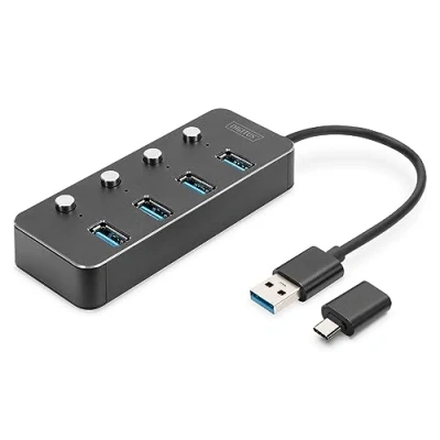 Abbildung von Digitus USB Verteiler DA 70247 4 Port 3.0 Hub drehbar, einzeln schaltbar, LED An