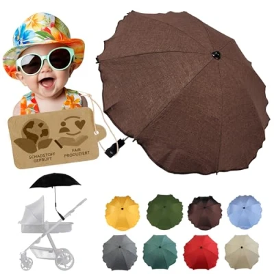 Abbildung von Sonnenschutz universal [Sonnenschirm für Kinderwagen] Buggy UV Schutz 50+ mit Universalhalterung biegsamer Schirm Rund und Ovalrohre verstellbar (meliert dunkelbraun)