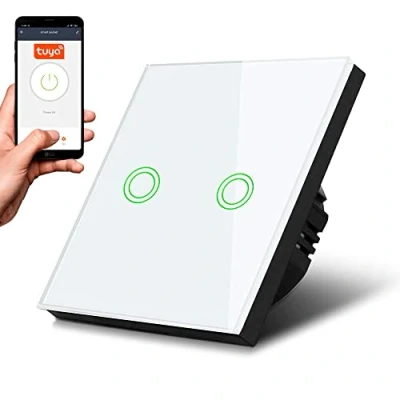 Abbildung von Maclean MCE714W Smart WiFi 2 Fach Touch Lichtschalter Kompatibel mit Tuya APP Wandschalter Glas Schalter Farbwechsel LED Hintergrundbeleuchtung Einbauschalter 85x85mm (2 Rund, Weiß)
