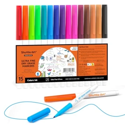 Abbildung von Shuttle Art Whiteboard Marker fein, 15 bunte Stifte Set mit 0,7 mm ultrafeiner Spitze, Folienstift abwischbar Radierer fürs Schreiben auf Weißwand