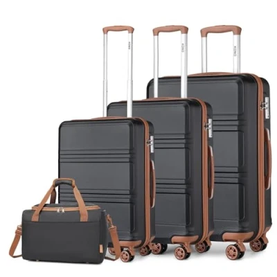 Abbildung von KONO Kofferset 4 Teilig Hartschalekoffer mit TSA Schloss Gepäcksets Handkoffer Mittelgroß Groß Trolleys 40x20x25cm Ryanair Reisetasche (55cm/65cm/74cm Koffer Trolley Set und Tasche), Schwarz/Braun