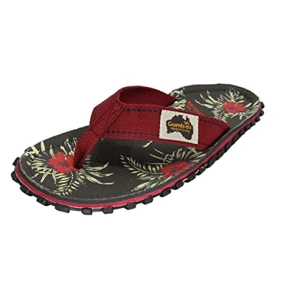 Abbildung von Gumbies Originals Rot Flip Flops aus recycelten Materialien profilierte Sohle wiederverwerteten Autoreifen, weiches Fußbett Canvas Baumwolle, bequemer Baumwoll Zehensteg, Grey Hibiscus, 46