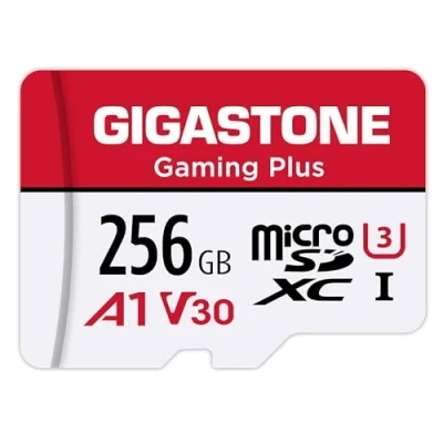 Abbildung von Gigastone 256 GB Micro SDXC Speicherkarte, Gaming Plus Serie, Lesegeschwindigkeit bis zu 100 MB/s, kompatibel mit Switch Dashcam GoPro Canon, Nikon, DJI Drone, A1 U3 V30 SD Adapter