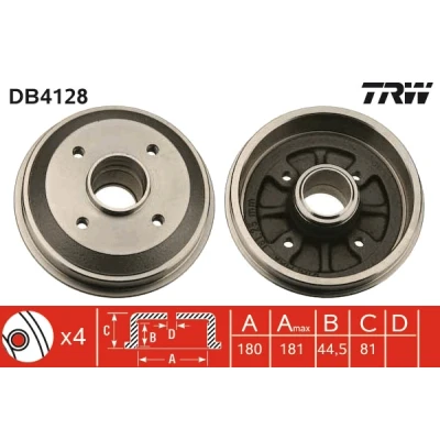 Abbildung von TRW DB4128 Bremstrommel PEUGEOT: 306 Schrägheck, 309 II Cabrio, CITROËN: AX Schrägheck