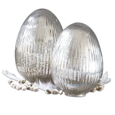 Abbildung von Loberon Osterei 2er Set Duvera, Zwei Größen, feine Reliefstruktur, mit Bauernsilber verspiegelt, romantischer Charme, Deko Eier, Ostern, Osterdeko, Glas, Silber