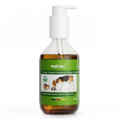 Abbildung von PetTec® Algenöl Hund &amp; Katze [Omega 3 ALGENÖL VEGAN] Omega für Katzen und Hunde Fellpflege Vitamine Mittel gegen Schuppen bei Katzenpflege Hundepflege (300ml Pumpflasche)