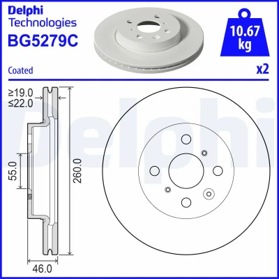 Abbildung von DELPHI Bremsscheibe TOYOTA: Aygo X 260mm 22mm 4 Belüftet beschichtet BG5279C 435120H030 Bremsscheiben, Scheibenbremsen
