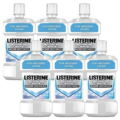 Abbildung von LISTERINE Advanced White mild (6 x 500 ml), antibakterielle Mundspülung zur Entfernung hartnäckiger Zahnverfärbungen, Mundwasser mit schonender Whitening Technologie, für weißere Zähne in nur 1 Woche