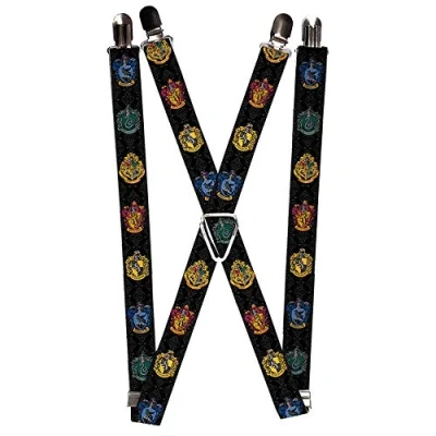 Abbildung von Buckle Down Unisex Erwachsene Suspenders Hogwarts &amp; 4 House Crests/Filigree Black/Gray Strumpfhalter, Mehrfarbig, Einheitsgröße