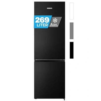 Abbildung von Heinrich&#039;s Kühlgefrierkombination 269 Liter, Kühlvolumen 198L, Gefrierfach 71L,LED Beleuchtung,Kühlschrank Türanschlag wechselbar, leise 39dB,große Tiefkühlboxen, 7 Temperaturstufen, (schwarz inox)