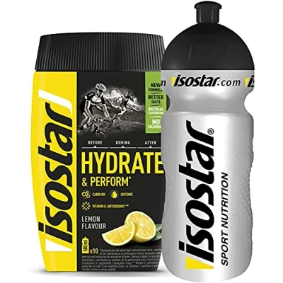 Abbildung von Isostar Hydrate &amp; Perform Iso Drink 400 g isotonisches Getränkepulver Elektrolyt Pulver zur Unterstützung der sportlichen Leistungsfähigkeit Zitrone + 0,5 Liter Flasche