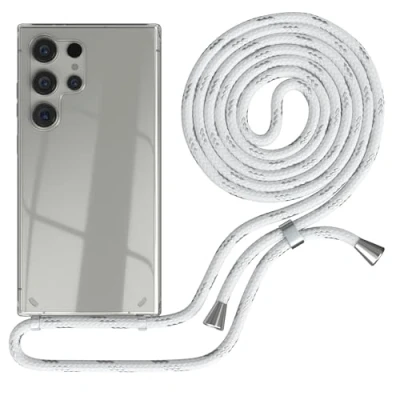 Abbildung von EAZY CASE Handykette kompatibel mit Samsung Galaxy S24 Ultra Kette zum Umhängen für Hülle Band aus Silikon stoßfeste transparente Handyhülle als Fallschutz in Weiß/Silber