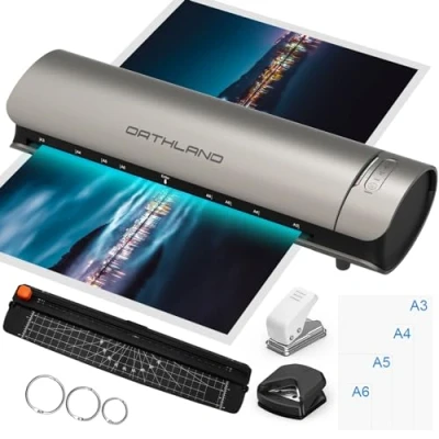 Abbildung von Orthland Laminiergerät A3 mit Laminierfolien 30 Stück für A4 A5 A6, 9 in 1 Heiß und Kalt Laminiermaschine Set Papierschneider Eckenabrunder Büro, Schule Zuhause, 80/125 Micron