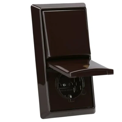 Abbildung von Busch Jaeger Allwetter 44 Set: SCHUKO Steckdose mit Klappdeckel 20 EUGK 31 101 IP + Wippschalter Einsatz 2000/6 US Wippe 2106 2 fach Rahmen 2102 31, Braun UP
