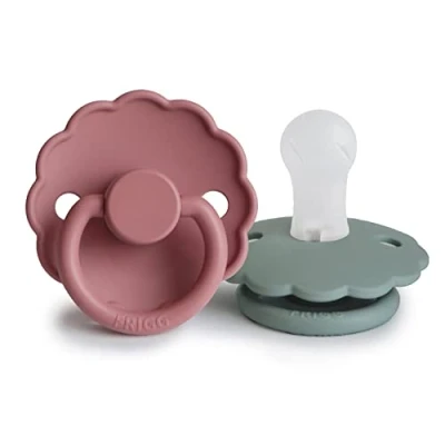 Abbildung von FRIGG Daisy Silikon Schnuller 2 Packung Symmetrischer Sauger in Kirschform BPA frei Hergestellt Dänemark (Dusty Rose/Lily Pad, Größe 1 (0 6 Monate))