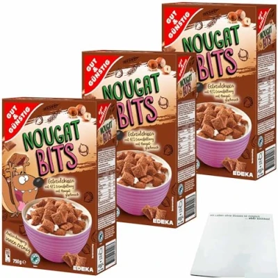 Abbildung von Gut&amp;Günstig Nougat Bits Getreidekissen mit cremiger Nougatfüllung 3er Pack (3x750g Packung) + usy Block