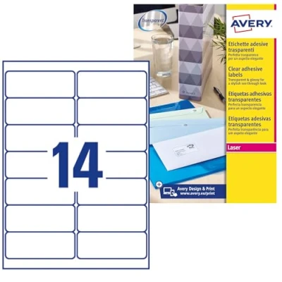 Abbildung von Avery Adressetiketten für Laserdrucker 14 pro Blatt 99,1 x 38,1 mm 350 Stück transparent