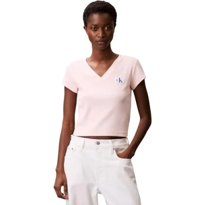 Abbildung von Calvin Klein Jeans Woven Label V NECK TEE Tshirt basic, Damen, Größe: XXS, Cloud pink