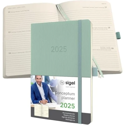 Abbildung von SIGEL C2538 Terminplaner Wochenkalender 2025, ca. A5, grün, Softcover, 192 Seiten, Gummiband, Stiftschlaufe, Archivtasche, aus nachhaltigem Papier, Conceptum