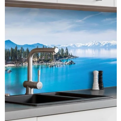 Abbildung von MyMaxxi Küchenrückwand Folie selbstklebend matt einfache Montage ohne Bohren 0,4mm stark Versteift Motiv Landschaft 02 60cm hoch Spritzschutz Küche Klebefolie Berg See 280 x 60 cm