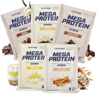 Abbildung von Energybody® Mega Protein Pulver Probierpaket 1 5x25g Mehrkomponenten mit Casein Whey Mix als Eiweiss Pulver/Proteinpulver Probierpackung/Eiweißpulver Probierset